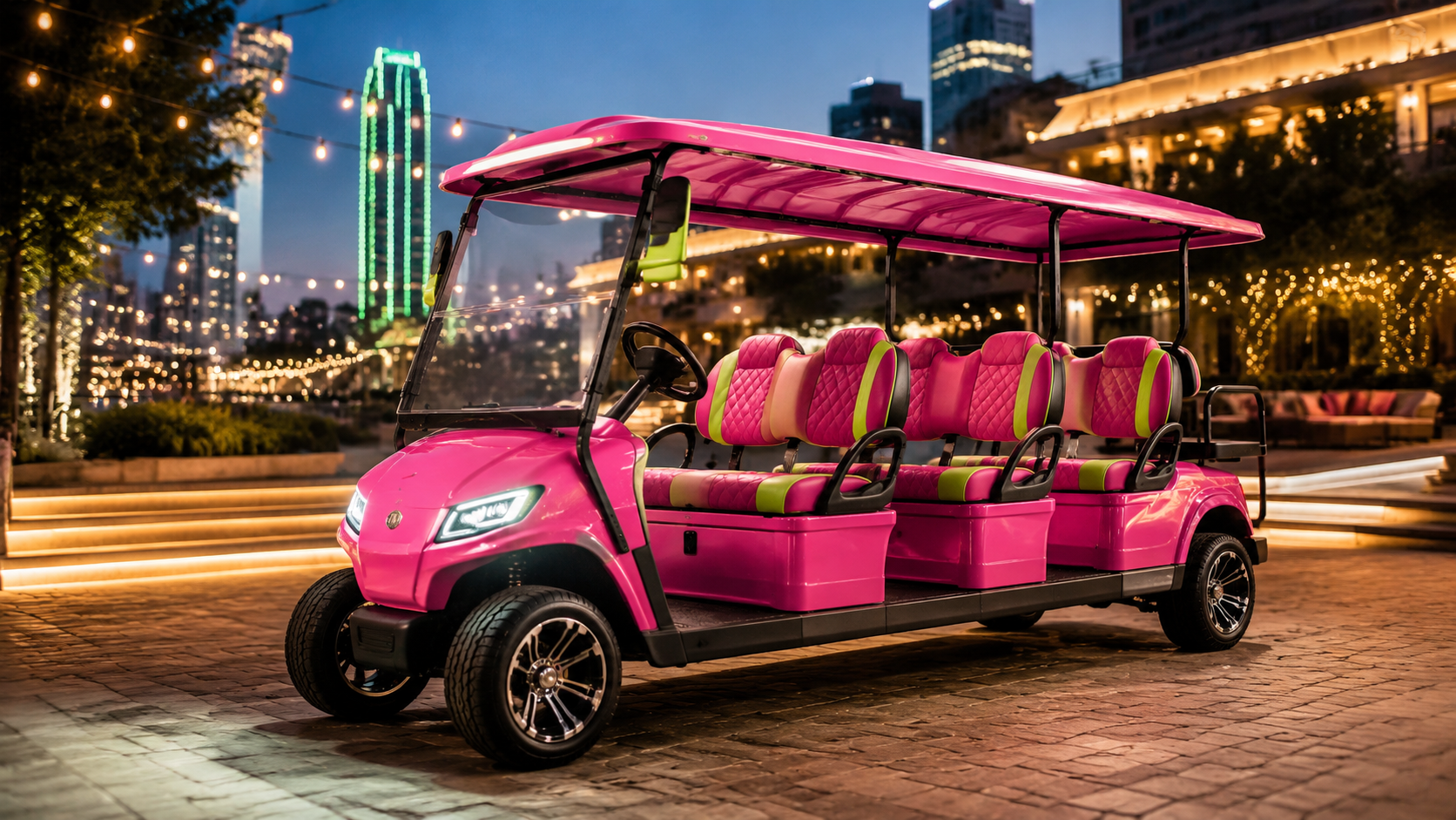 A cute Passenger Princess golf cart in downtown Dallas at night